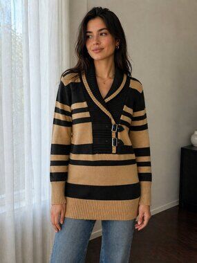 Olivia Sky Striped Shawl Collar Sweater Buckle Tan Black PXL